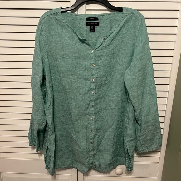 Tahari Tops - Tahari 100% Linen Tunic Shirt Seafoam Light Blue Green